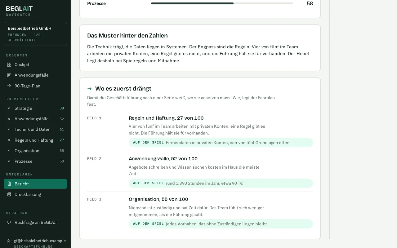Wo es zuerst drängt, im Bilanzblatt des Navigators, Beispiel mit erfundenem Betrieb: Regeln und Haftung mit 27 von 100, Anwendungsfälle mit rund 1.390 Stunden im Jahr auf dem Spiel, Organisation ohne Zuständigen.